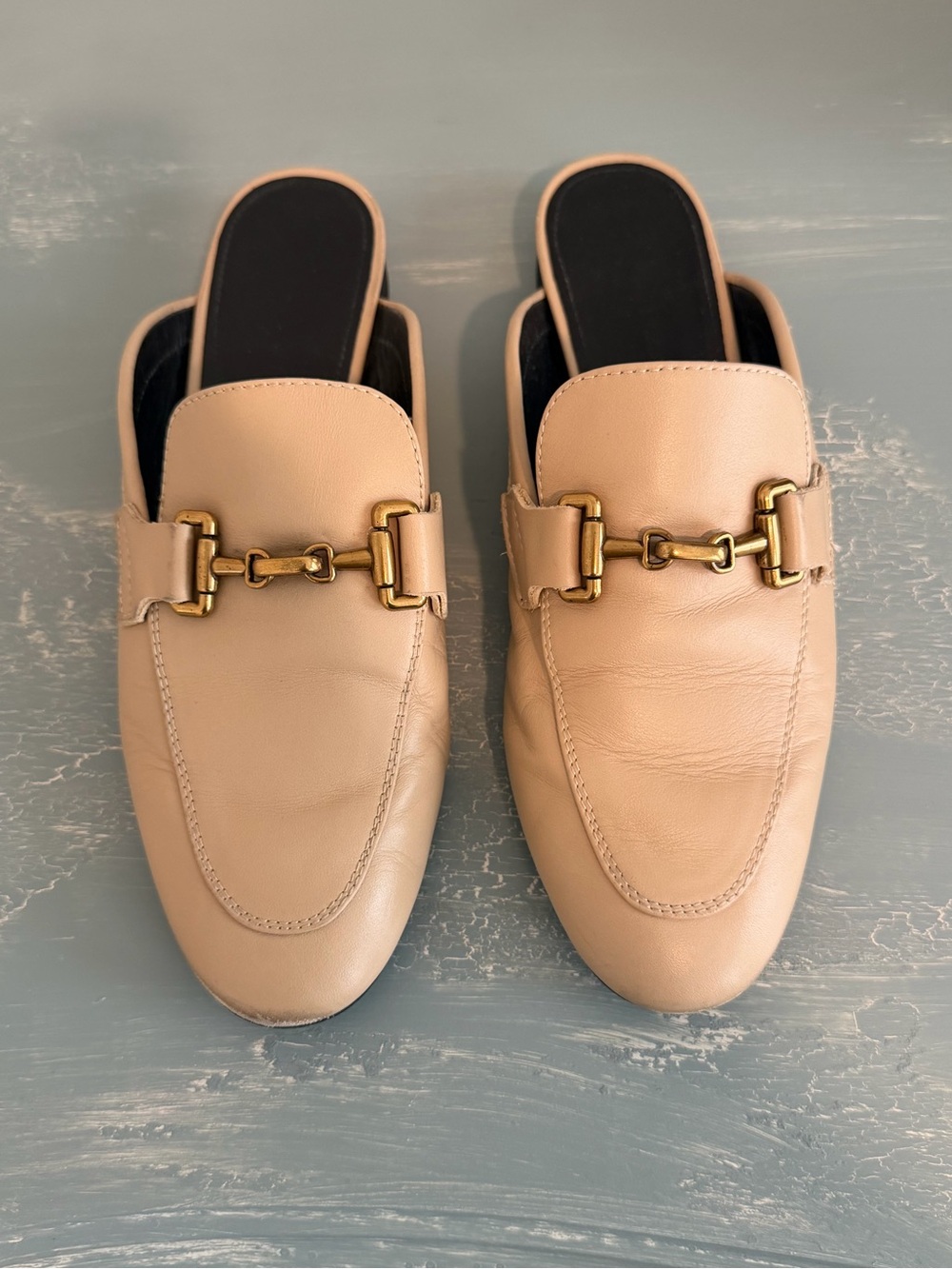 Massimo Dutti Beige Leather Mule Loafers with Gold Hardware